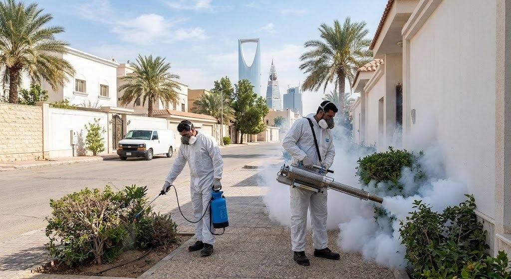 فريق عمل محترف يقوم بأعمال رش ومكافحة الحشرات بدقة وأمان باستخدام أحدث المعدات والمبيدات الفعالة ضمن خدمات مكافحة حشرات حي الشرفية لضمان بيئة صحية ونظيفة وراحة العملاء.