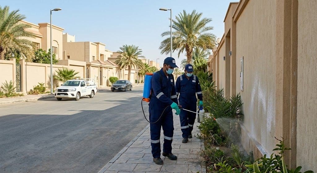 فني محترف يقوم بأعمال رش ومكافحة الحشرات بدقة وأمان باستخدام أحدث المعدات والمبيدات المعتمدة ضمن خدمات مكافحة حشرات الملقا لضمان بيئة صحية خالية من الآفات وراحة العملاء.