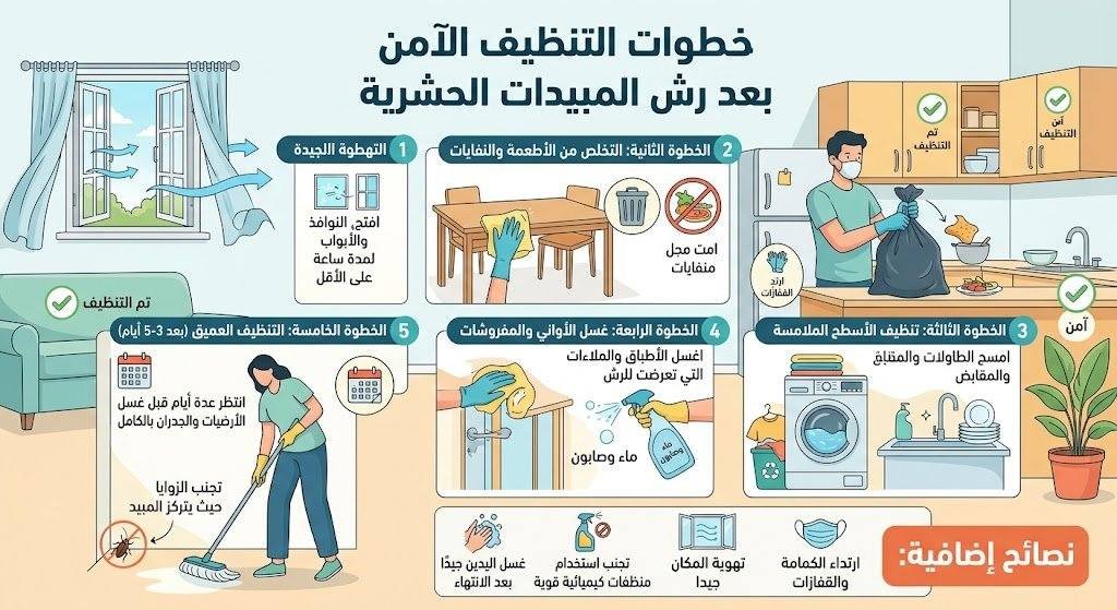 التنظيف الآمن والتعقيم بعد رش المبيدات الحشرية